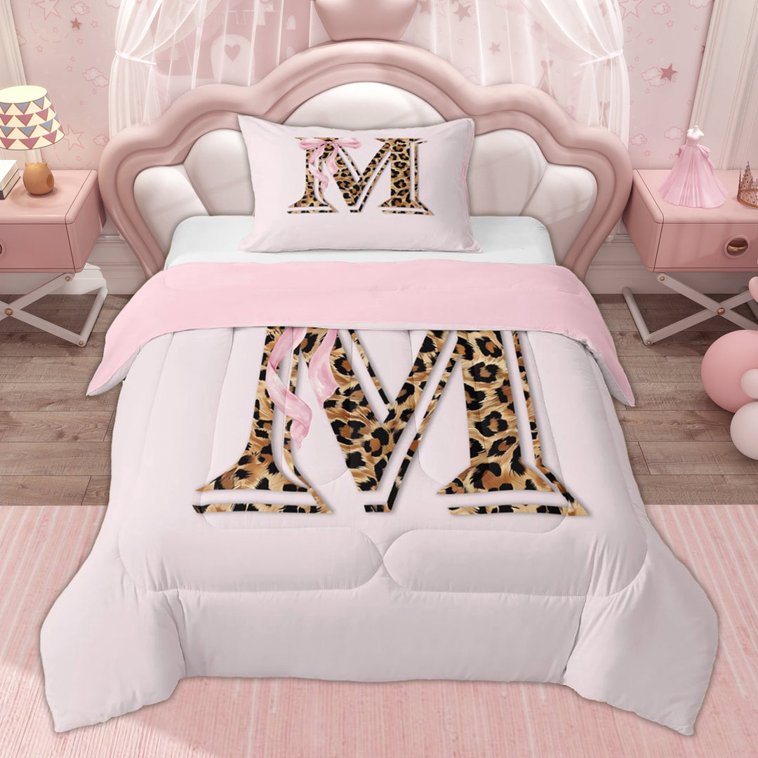 Erosebridal Cute Pink Bow Letter M Twin Comforter Sets, Kids Leopard Print Bedding Set, 2-Piece