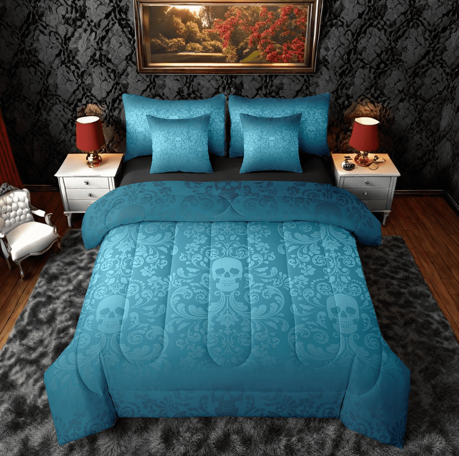 Damask Gothic Bedding Set Adults Antique Victorian Bed in a Bag King Size Comforter Set 7 Pieces,Teal Sugar Skull Sheet Set Vintage Floral Goth Bed Set,Exotic Bone Skeleton Bohemian Baroque Decor