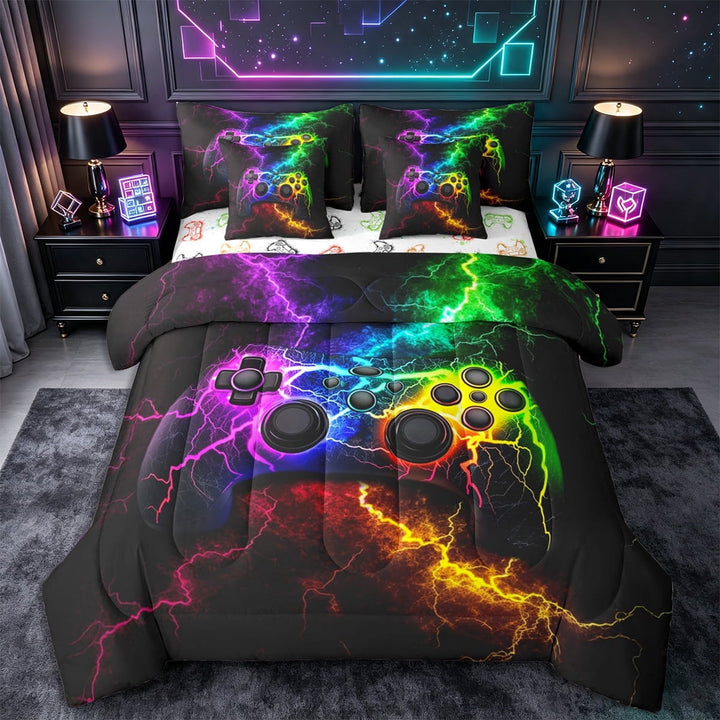 Erosebridal Video Game Bedding Comforter Set 7 Pieces,Boys Gaming Gamepads Full Play Station Bedding Set,Abstract Gradient Lightning Gamer Bed Set