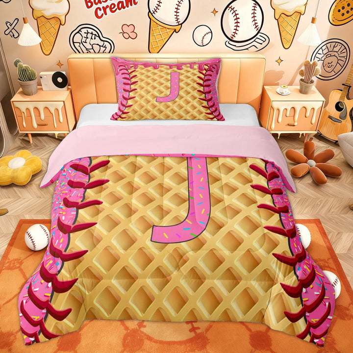 Erosebridal Pink Monogrammed J Kid Twin Comforter Sets, Baseball Ice Cream Bedding Set, 2 Pieces