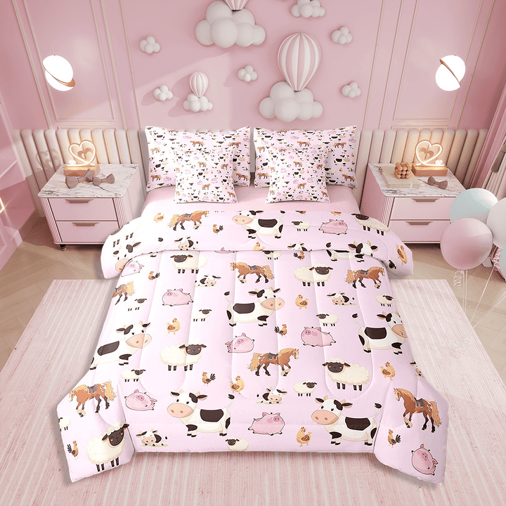 Twin Size Farm Animal Comforter Set with Sheets Cartoon Animals 7 Piece Bedding Set Pink Bed in a Bag Funny Country Theme Bed Set