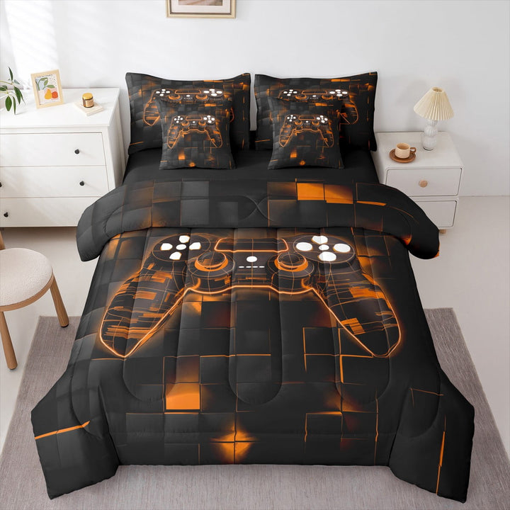 Burnt Orange Gamer Twin Bedding Teens Gaming Bed in a Bag 7 Piece, Game Quilt,Neon Lights Gamepad Fitted Sheet Geometry Grid Sheets Game Reversible Bedding Set Breathable