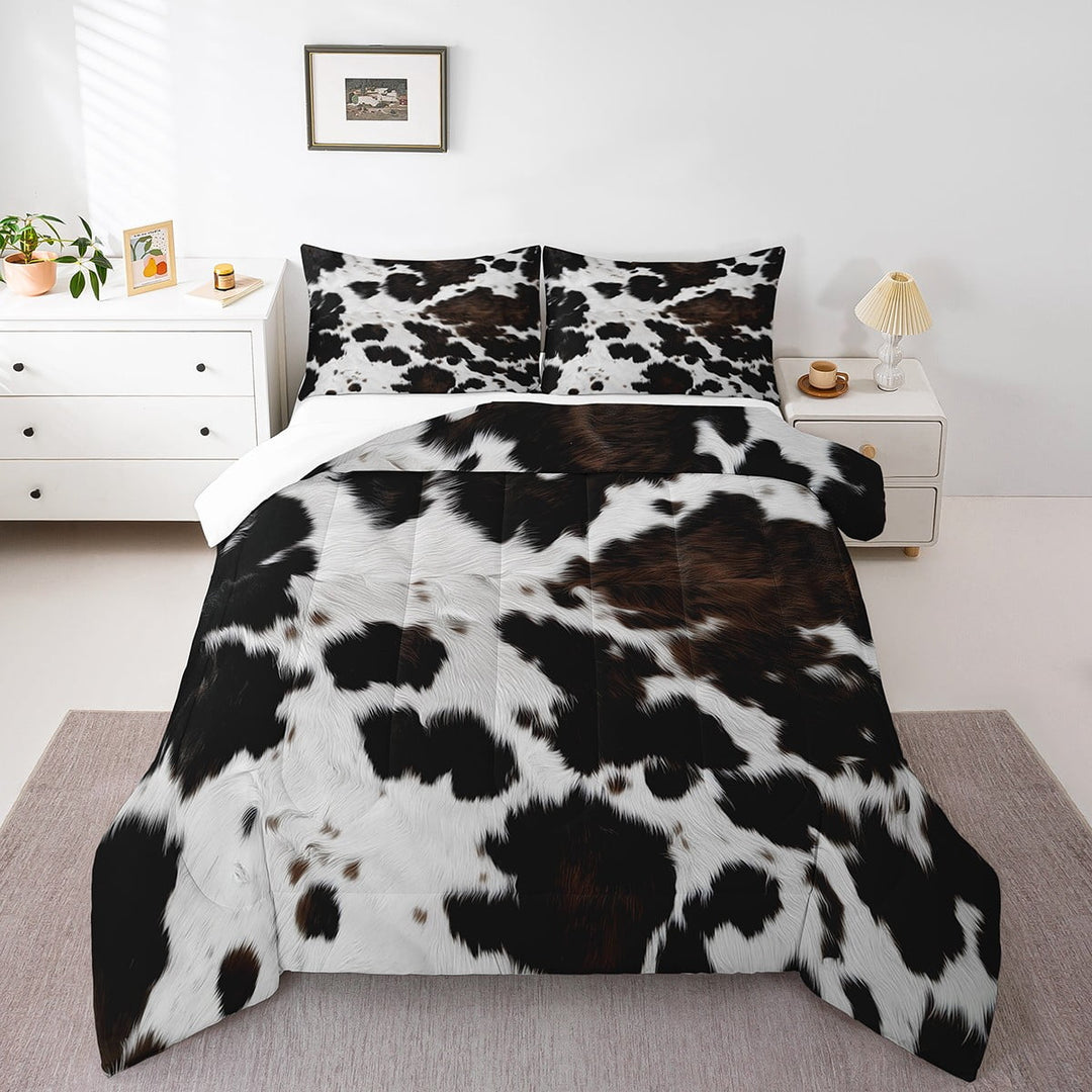 Abstract Cow Comforter Set Full Size, White Black Brown Cowhide Print Bedding Set Teens Room Decor, Animal Print Down Comforter, Cow Print Quilt Set