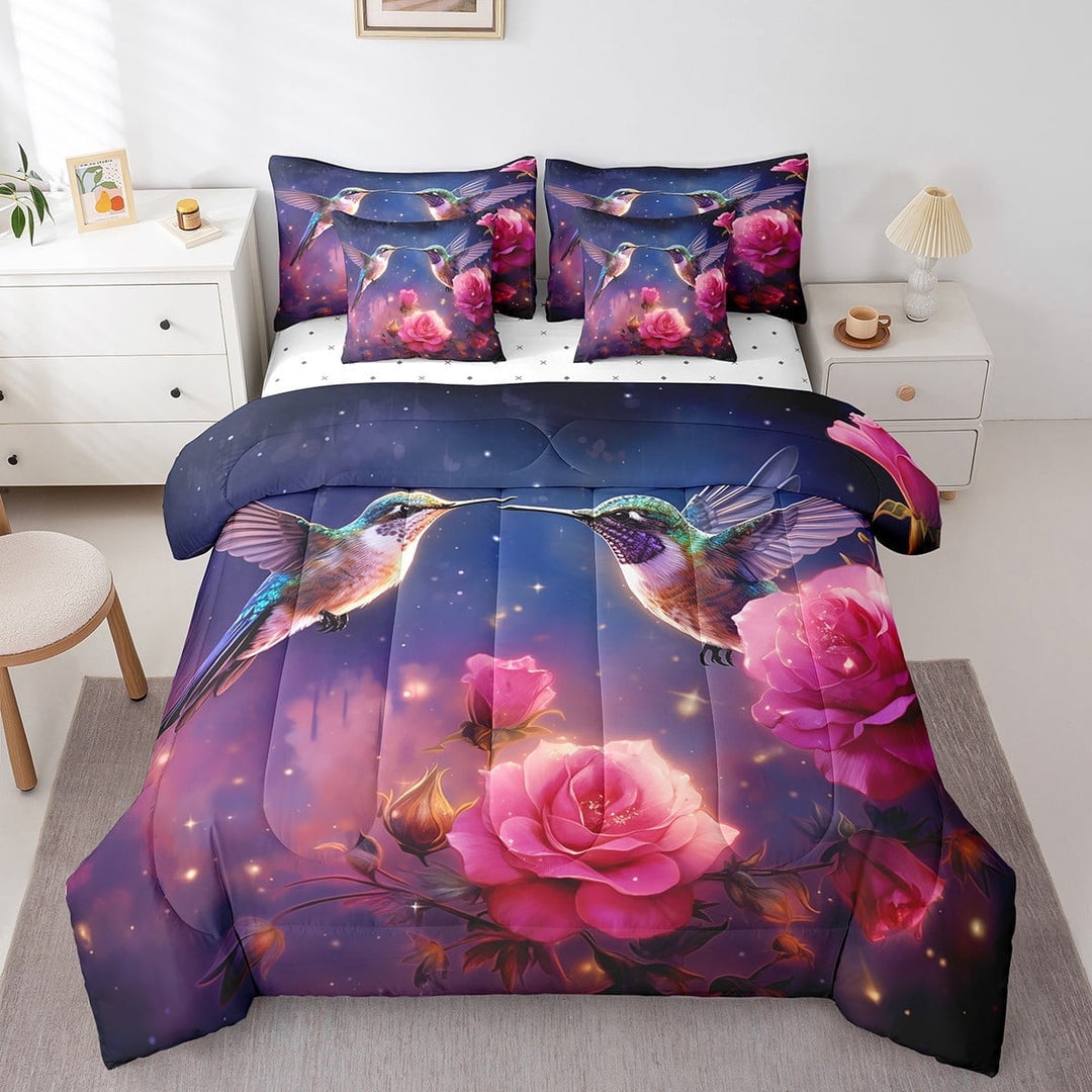 Hummingbird Bed in a Bag Queen Comforter Set 7 Piece,Pink Rose Bedding Sets Romantic Flowers Bed Sheets,Wild Animal Bird Sheet Set with Comforter
