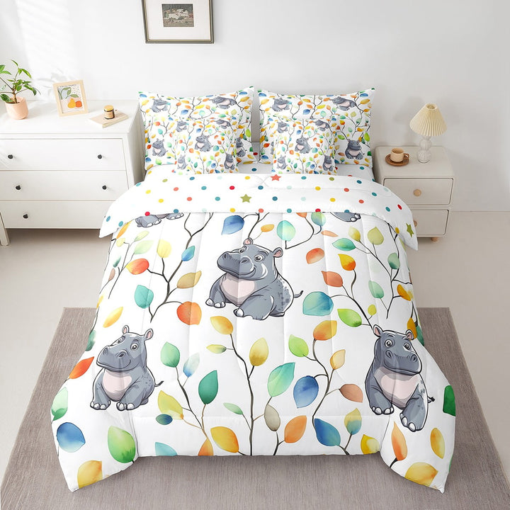 Erosebridal Cute Hippo Bed in a Bag 7 Pieces Hippie Floral Bedding Set, Chic Flower Twin Size Comforter Set Watercolor Leaves Bedding Comforter Sets, Woodland Wildlife Bed Set