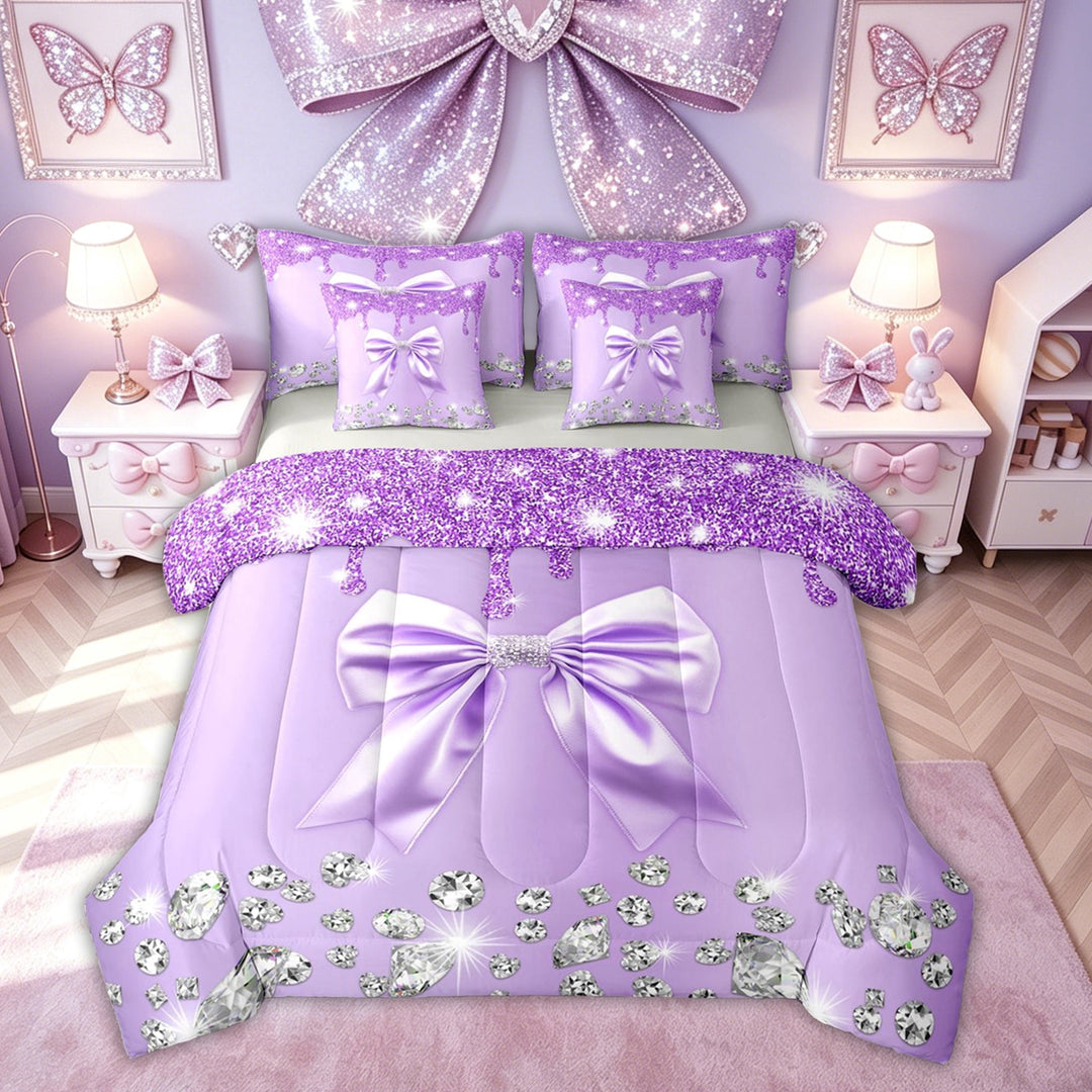 Meiyoeat Glitter Print Princess Bow Bedding Comforter Set for Women Girls, Fashion Bling Diamond Full Bedding Set, Grey Reversible, 7pcs