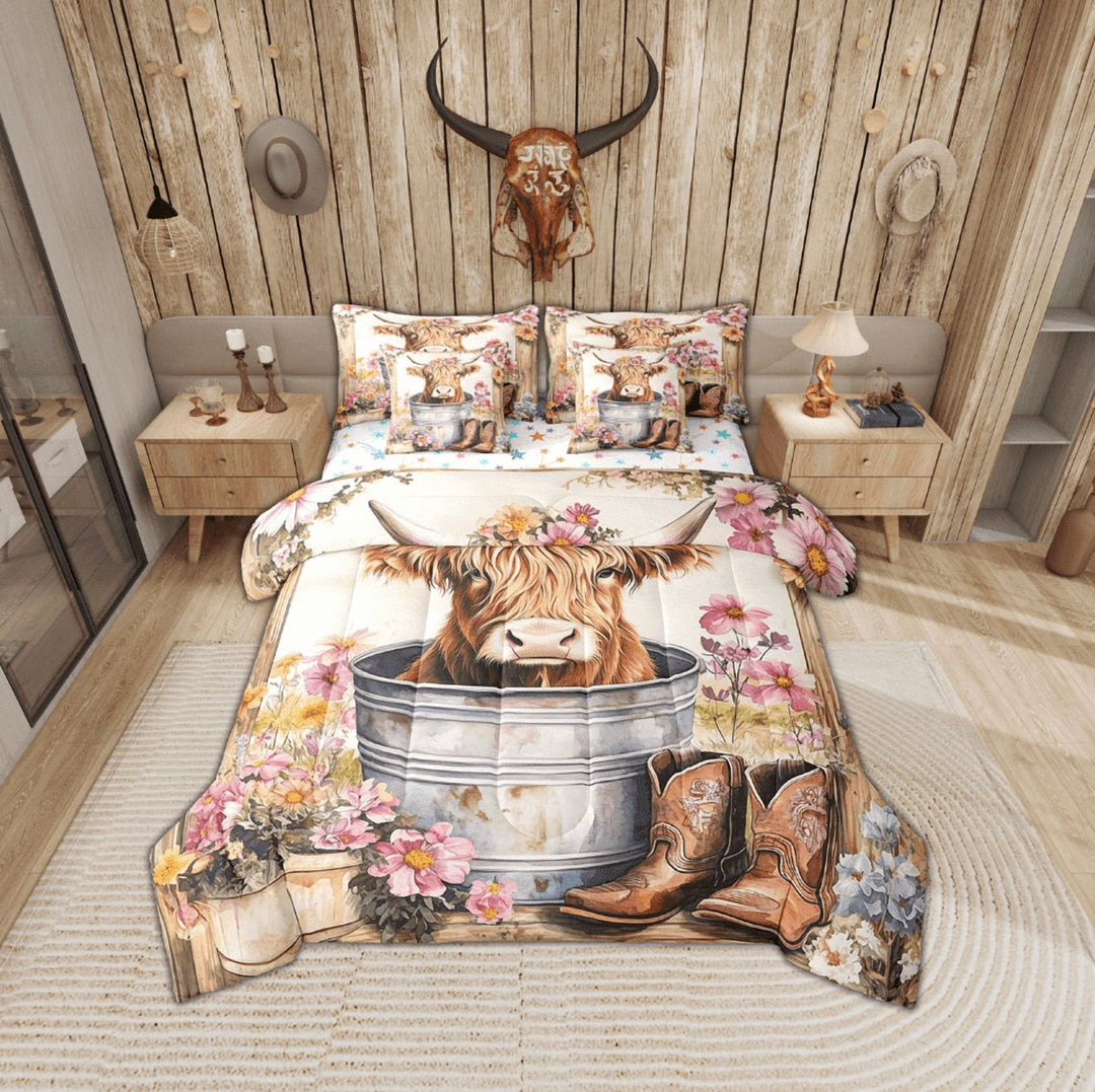 Erosebridal Cartoon Highland Bull Bedding Sets Twin Size, Southwestern Cowboy Boots Comforter Sets with Sheets, Pink Floral Room Decor, Reversible 7-Piece