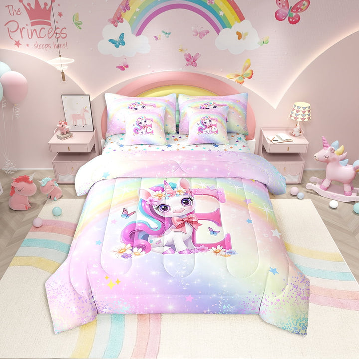 Erosebridal Pink Unicorn Bedding Sets Twin Size, Initial Letter E Comforter Sets with Sheets, Princess Flower Decor, Reversible 7pcs