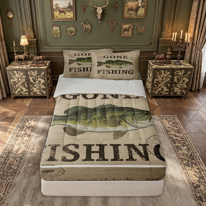 meiyoeat Retro Stamp Vintage Gone Fishing Bass Poster Zipper Comforter Set with Fitted Sheet and 2 Pillowcases for Men Adults, Lake Wildlife Zipper Bedding Set, Beige, Grey Reversible, 3 Pieces