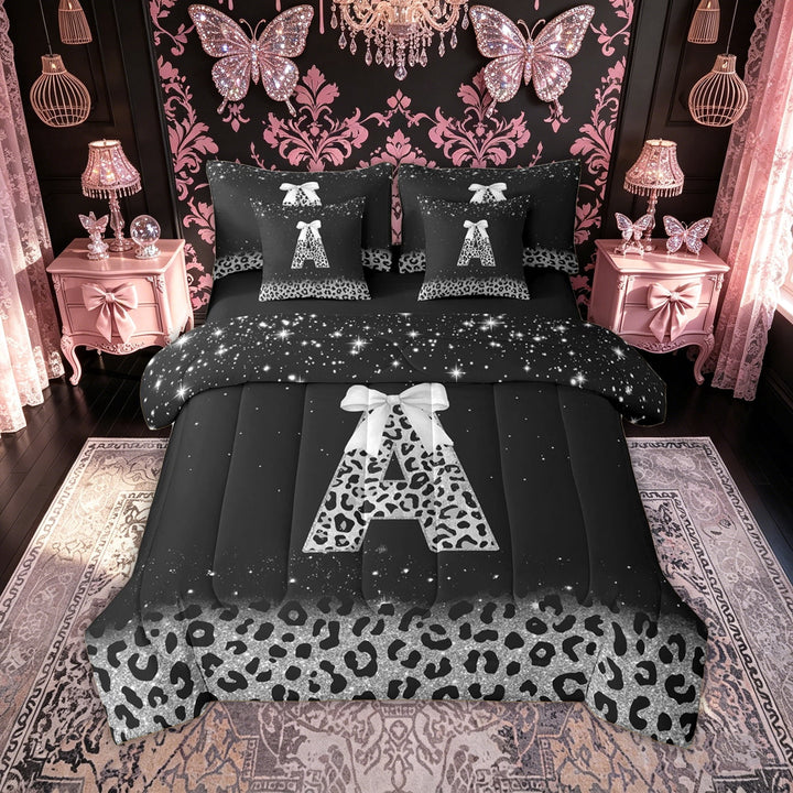 meiyoeat Leopard Print Bow A Initial Full Size Bedding Sets for Women, Sparkly Glitter Monogram Full Size Bed in a Bag, Black Silver, Black Reversible, 7 Pieces