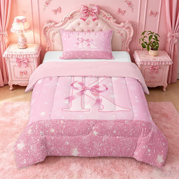 Erosebridal Pink Bowknot Twin Comforter Sets For Girls,Letter K Initial Kids Bedding Set,Pink Reversible,2 Pieces