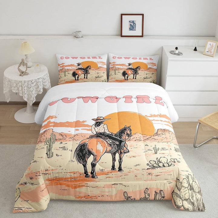 Erosebridal Western Cowgirl Comforter Sets Twin Size, Cactus Cowboy Comforters &amp; Duvets, Horse Animal Decor, Reversible 2-Piece