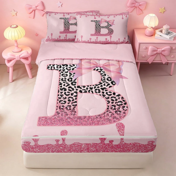 meiyoeat Glitter Leopard Monogram B Zipper Full Size Comforter Sets with Fitted Sheet and 2 Pillowcases For Girls,Pink Bow Initial Letter Zipper Bedding Set,Pink Reversible,4pcs