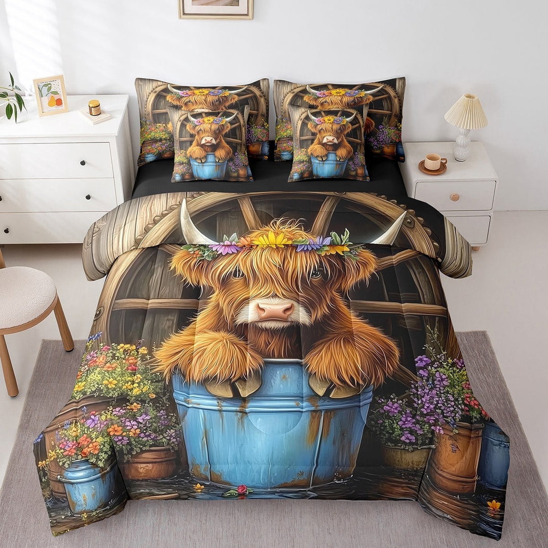 Erosebridal Farmhouse Cow Bed in a Bag King size, Highland Cattle Bed Set, Countryside Reversible Comforter Sets, Lightweight Bedroom Decoration, 7pcs