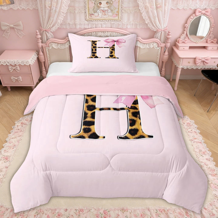 Erosebridal Letter H Leopard Print Twin Comforter Sets, Pink Princess Bow Bedding Set for Girls Kids, Pink Reversible, 2pcs