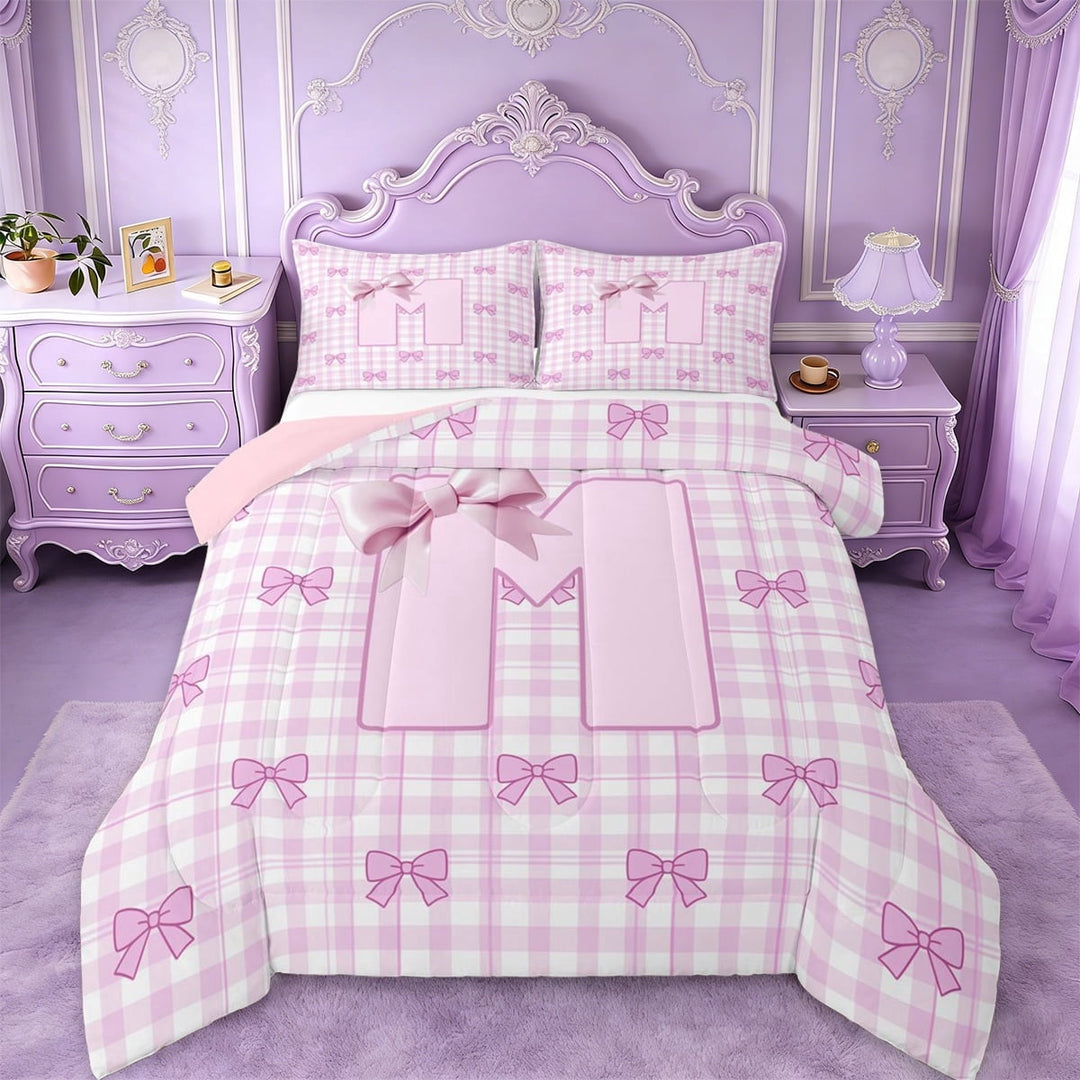 Erosebridal Pink Buffalo Plaid Full Size Comforter Sets For Kids,Letter M Monogrammed Bedding Sets For Bowknot Lover,Pink Reversible,3-Piece