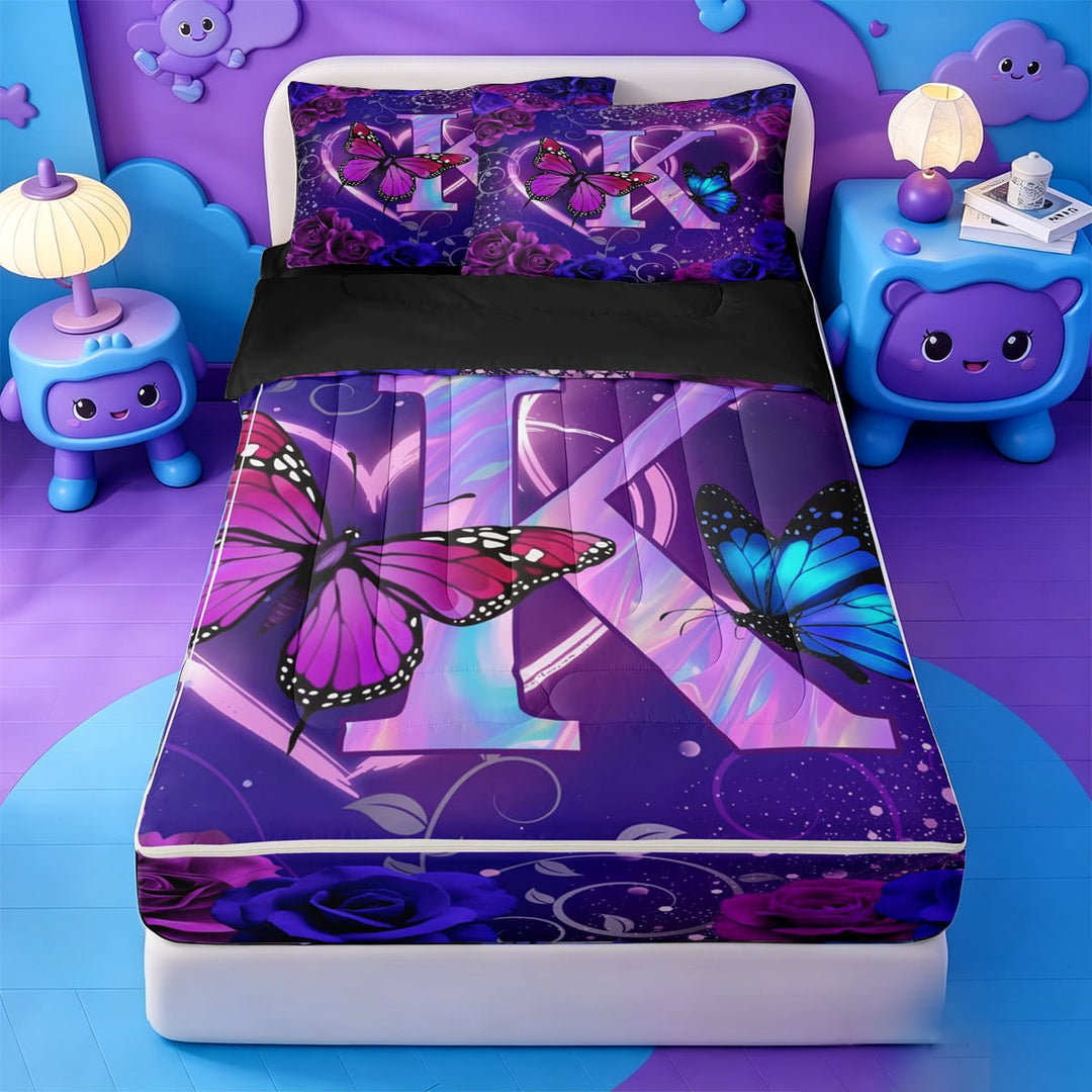 meiyoeat Chic Flower Blossom Zipper Full Size Comforter Sets with Fitted Sheet and 2 Pillowcases,Purple Monogrammed K Letter Zipper Bedding Set For Girl,Black Reversible,4-Piece