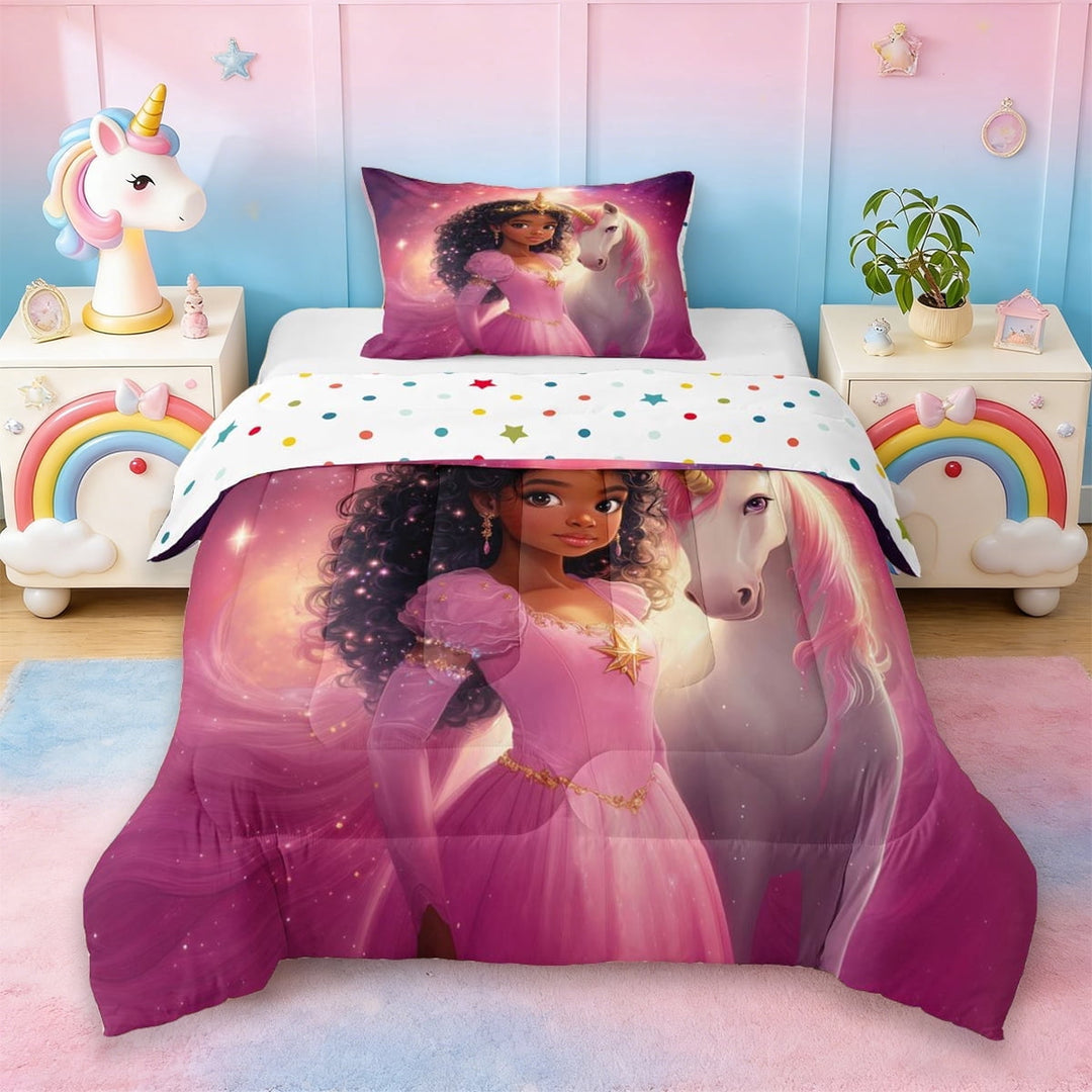 Erosebridal Cute Black Princess Twin Comforter Sets,Cartoon Animal Unicorn Bedding Set For Kids Girls,Reversible 2-Piece