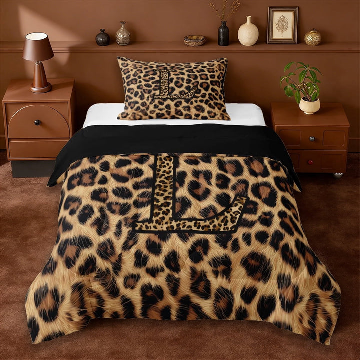 Erosebridal Leopard Print Twin Comforter Sets,Cheetah Pattern L Alphabet Bedding Set For Kids Girls,Reversible Black 2 Pieces