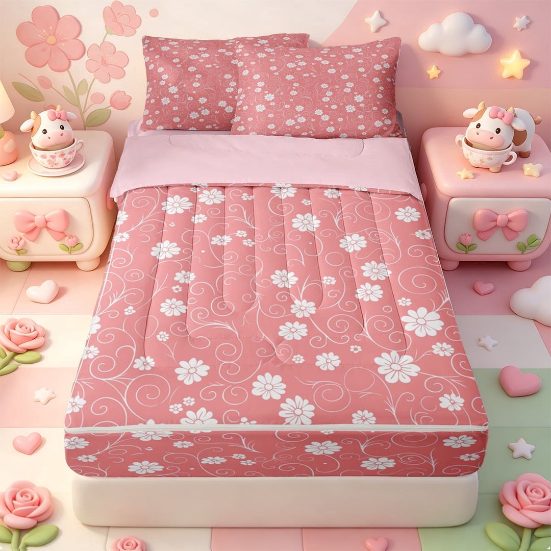 meiyoeat Soft Floral Zipper Full Size Comforter Sets with Fitted Sheet and 2 Pillowcases For Girls,Sweet Daisy Zipper Bedding Set,Pink White,Pink Reversible,4pcs