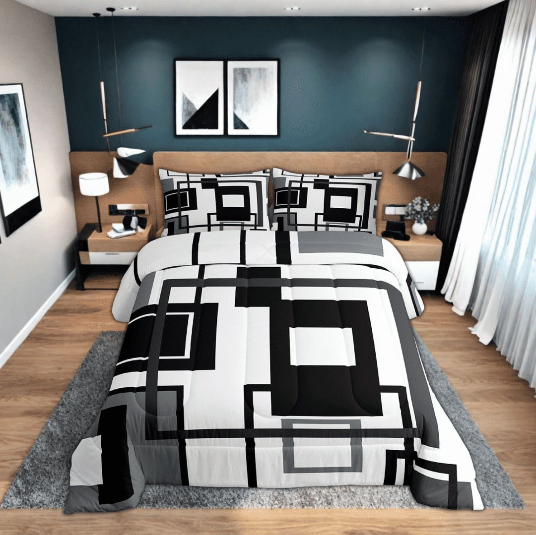 Erosebridal Black White And Grey Comforter Set Twin For Adults Men,Abstract Geometric Bedding Set Geometry Square Striped Down Comforter Simple Lines Quilt Duvet 1 Pillow Case Modern Bedroom Decor