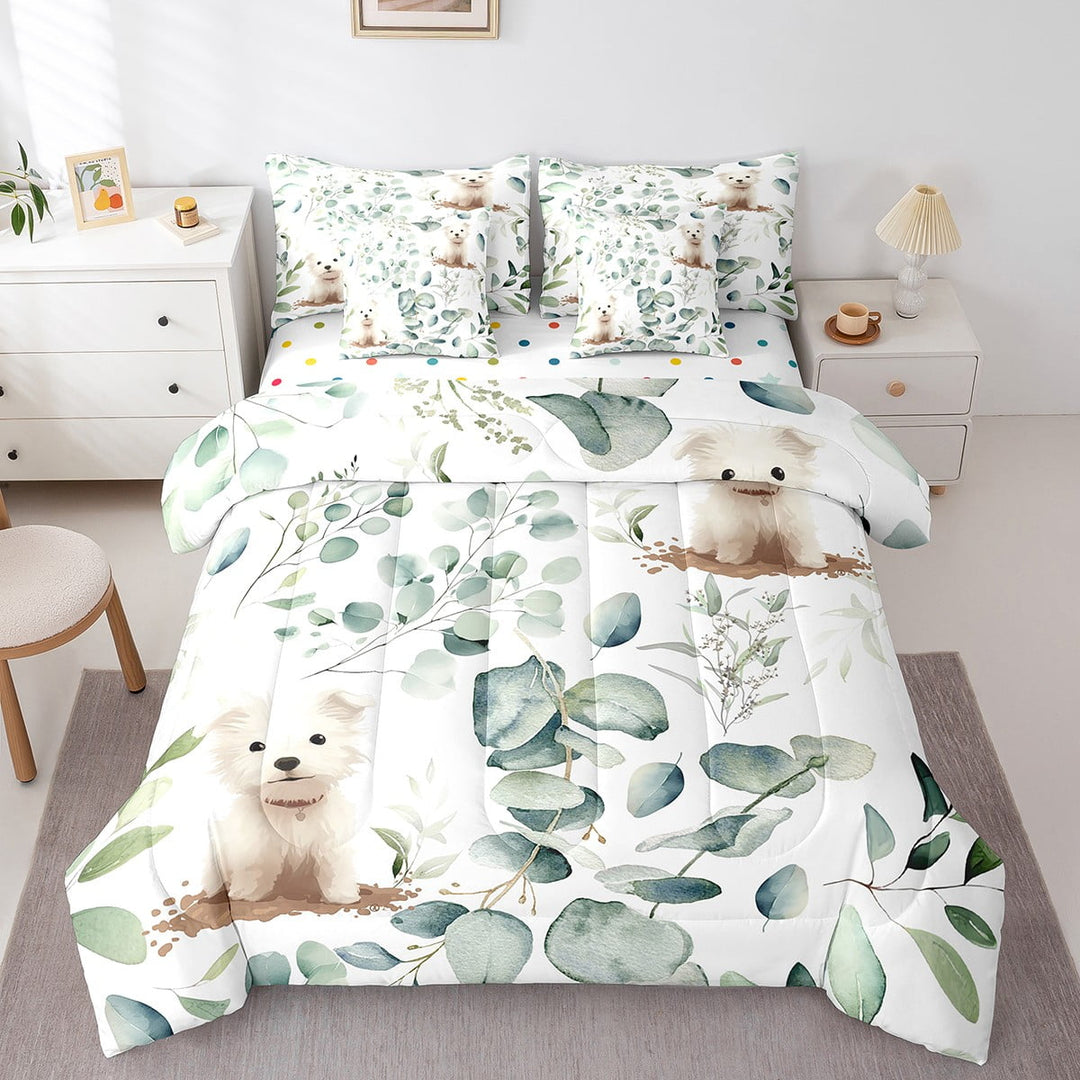 Cute Dog Bed in a Bag 7-Piece Green Eucalyptus Bedding Set, Pet Animal Twin Size Comforter Set Botanical Plant Leaves Bedding Comforter Sets, Cartoon Pug Puppy Bed Set