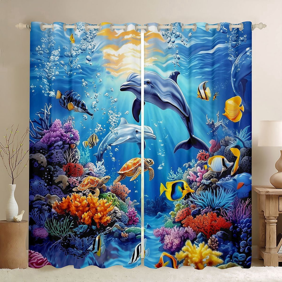 Erosebridal Marine Animal Dolphins Turtles Black Out Curtains For Boys Girls,Sea Wildlife Curtains Pack of 2 (42x63 Each) For Kids Teens,Luxury Bedroom Decor