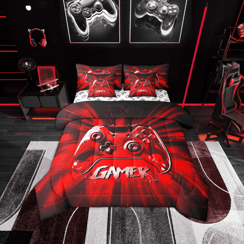 Erosebridal Video Game Bedding Sets Twin Size,Black Red Comforter Sets with Sheets,Geometric Plaid Bed in a Bag Twin size,Breathable Gamer Room Decorative,Reversible,7-Piece