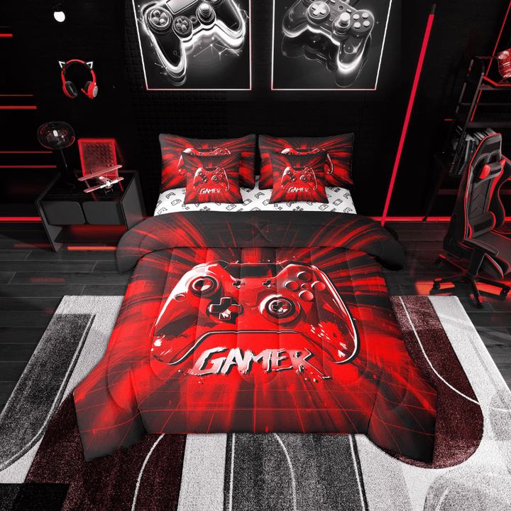 Erosebridal Video Game Bedding Sets Twin Size,Black Red Comforter Sets with Sheets,Geometric Plaid Bed in a Bag Twin size,Breathable Gamer Room Decorative,Reversible,7-Piece