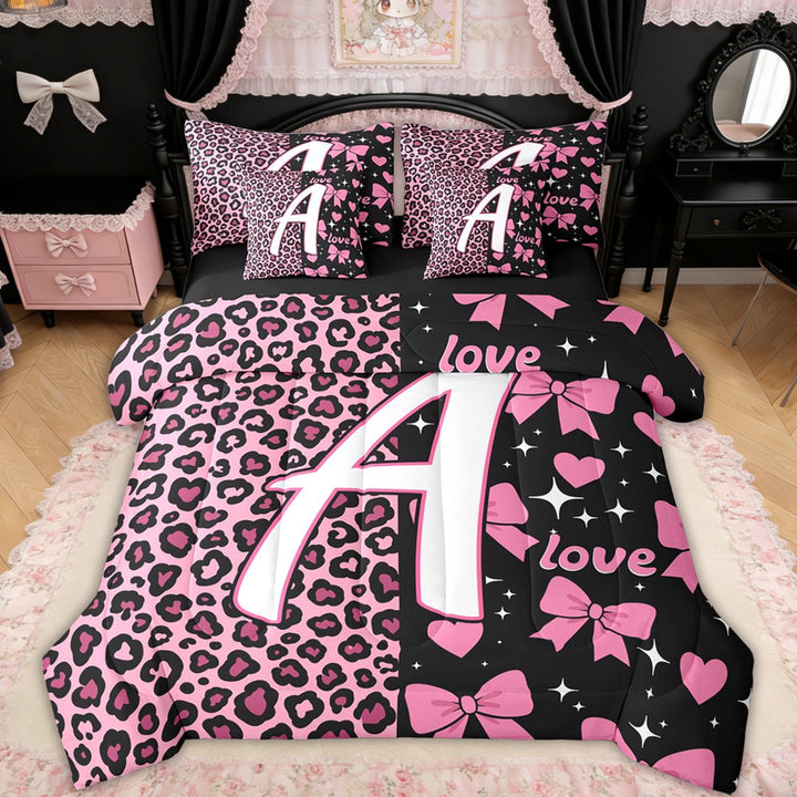 Erosebridal Leopard Print A Letter Bedding Comforter Set for Girls, Black Pink Bowknot Full Bedding Set, Black Reversible, 7pcs