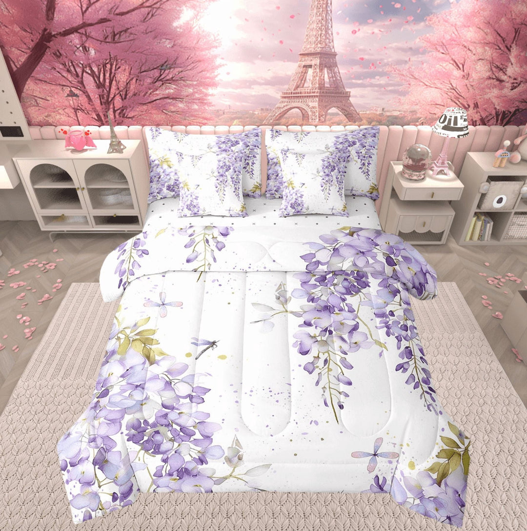 Purple Lavender Bedding Set Full Size,Dragonfly Wildlife Floral Comforter Set 7 Pieces,Watercolor Flowers Leaves Bed In A Bag,Rustic Farmhouse Country Decor Quilt with Flat Fitted Sheet