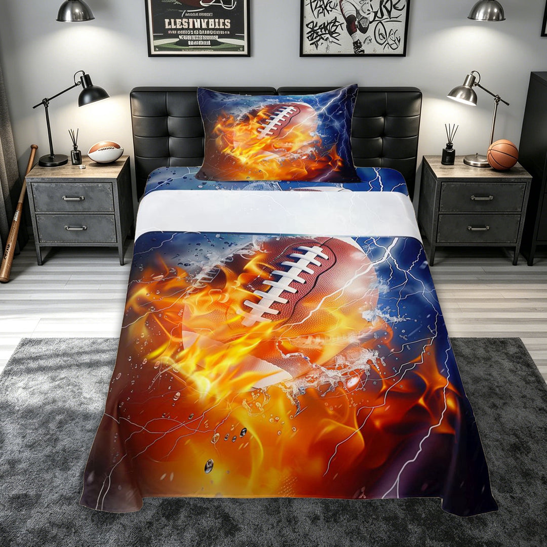 meiyoeat Sporty Football Bed Sheets for Kids Boys, Fire Water Full Size Sheets for Bedroom, Navy Orange, 4-Piece