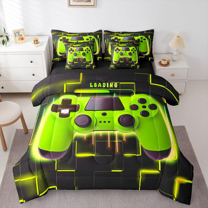 Yellow Gaming Comforter Set 7 Piece Bed in a Bag Twin,Gamer Bedding Sets Neon Lights Abstract Geometry Sheet Set with Comforter Gamer Room Decor