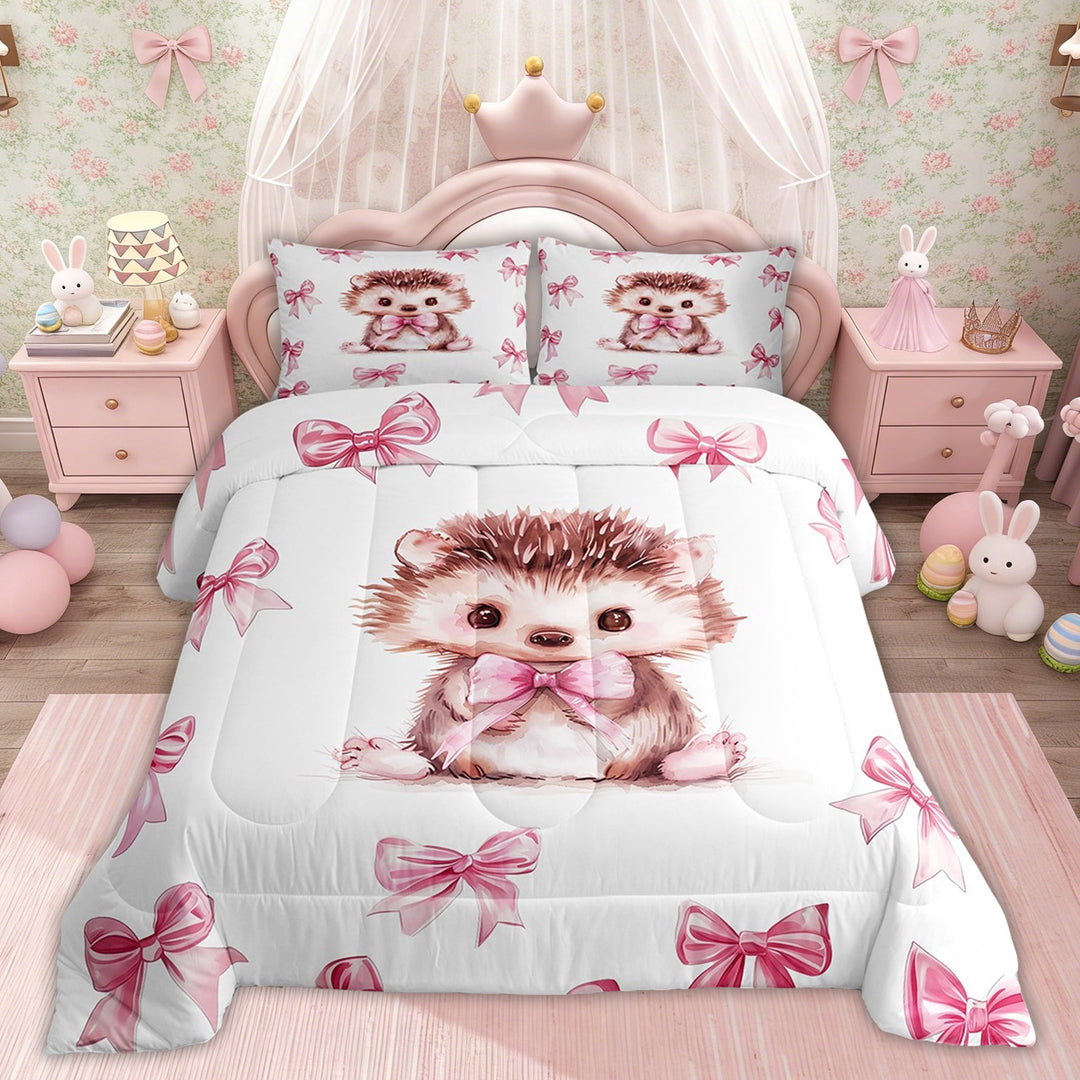Erosebridal Cute Hedgehog Bedding Twin Comforter Set, Kawaii Bow Animal Comforter for Kids Girls, Pink Reversible, 2pcs