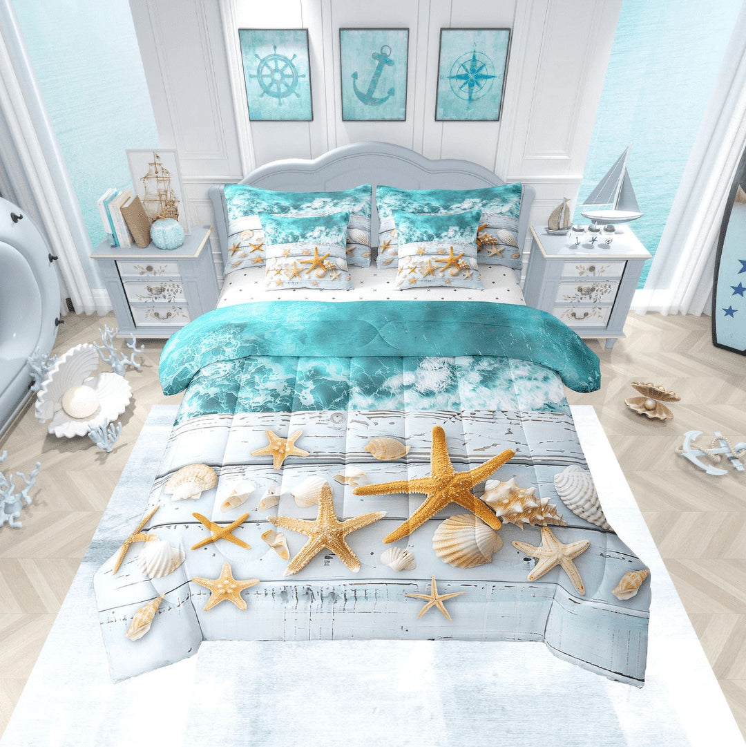 Teal Ocean Comforter Set with Sheets Full 7 Piece Coastal Beach Bed in a Bag,Sea Shell Starfish Bedding Set (1 Comforter,1 Fitted Sheet,1 Flat Sheet,2 Pillowcases,2 Throw Pillow Covers)