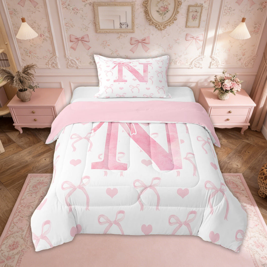 Erosebridal Kawaii Bowknot Comforter Sets Twin Size, Initial N Comforters &amp; Duvets, Romantic Initial A-Z Decor, Reversible