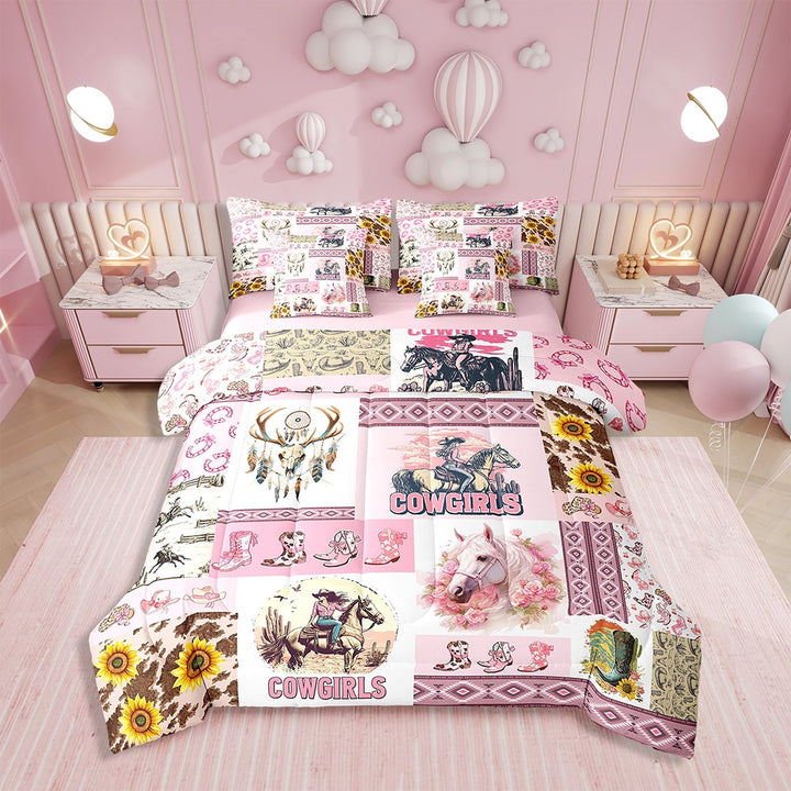 Eosebridal Pink Cowgirl Comforter Set 7 Pieces Twin Size,Western Bedding Set,Farm Horse Stitched Western Bed in a Bag,Comforter + Sheets + Pillowcases + Cushion Covers