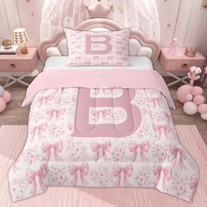 Erosebridal Kid Pink Monogrammed Twin Comforter Sets, Bowknot Letter B Print Bedding Set, 2-Piece