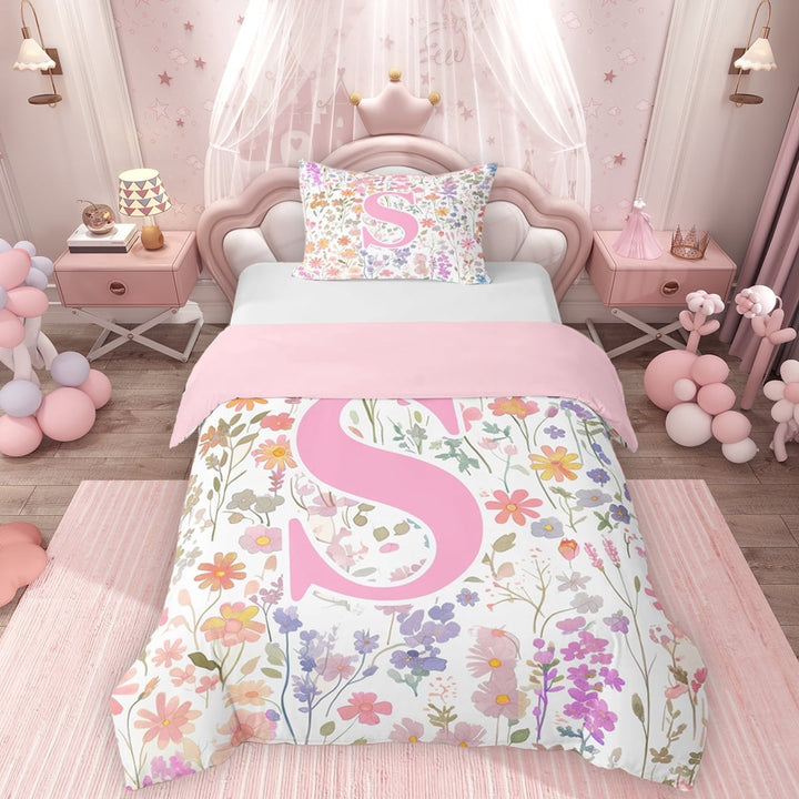 Erosebridal Girls Pink Flower Twin Bedding, Garden Floral Duvet Cover Set, Personalized Initial S, Pink Reversible, 1 Duvet Cover and 1 Pillowcase (No Comforter)