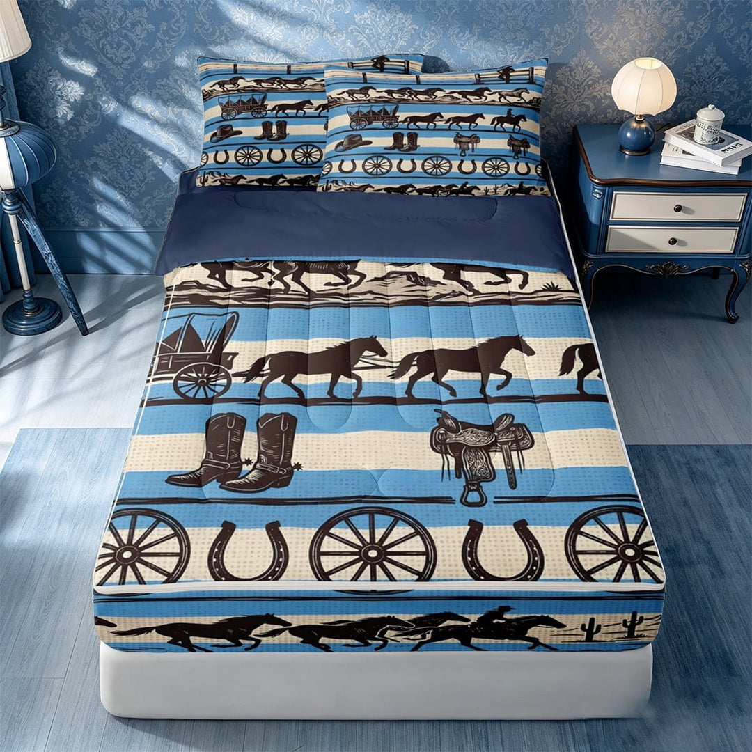 meiyoeat Western Horse Zipper Full Size Comforter Sets with Fitted Sheet and 2 Pillowcases,Cowboy Print Zipper Bedding Set For Boys,Blue Beige,Navy Blue Reversible,4pcs