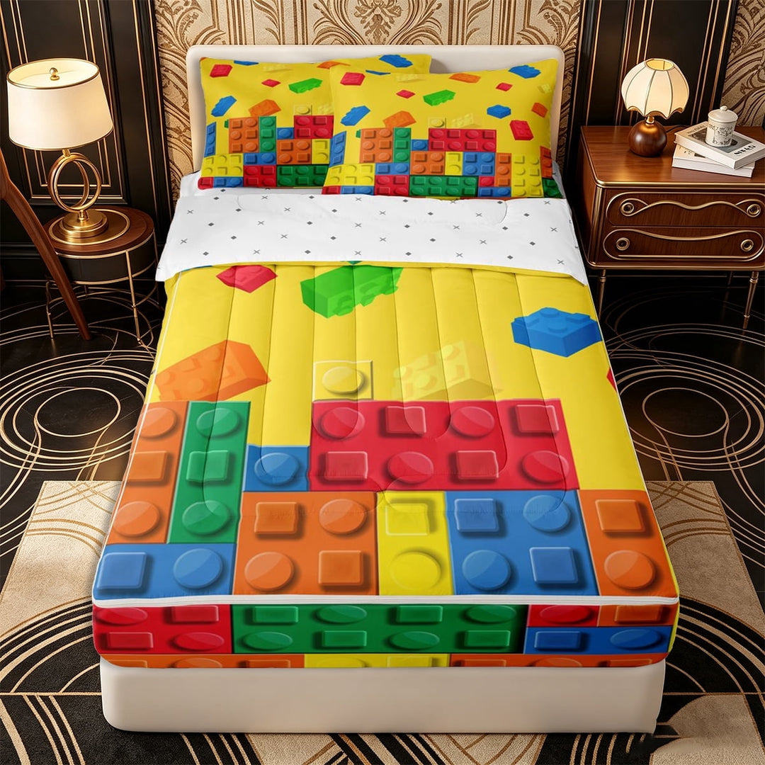 Erosebridal Falling Brick Zipper Full Size Comforter Sets with Fitted Sheet and 2 Pillowcases,Block Toy Print Zipper Bedding Set,Yellow Red Blue Green,Reversible