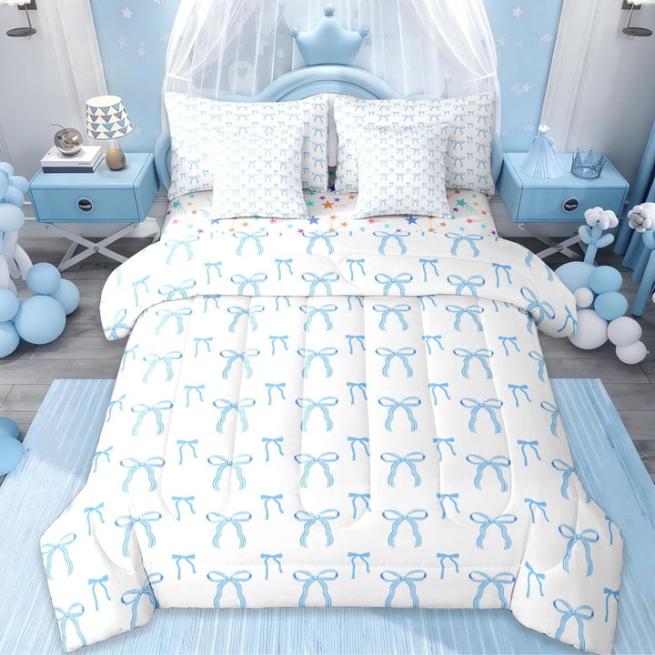 Erosebridal Cute Coquette Bowknot 7-Piece Twin Bedding Sets,Cartoon Cute Bowtie Bedding Comforter Set For Girls Kids,White Blue,Reversible