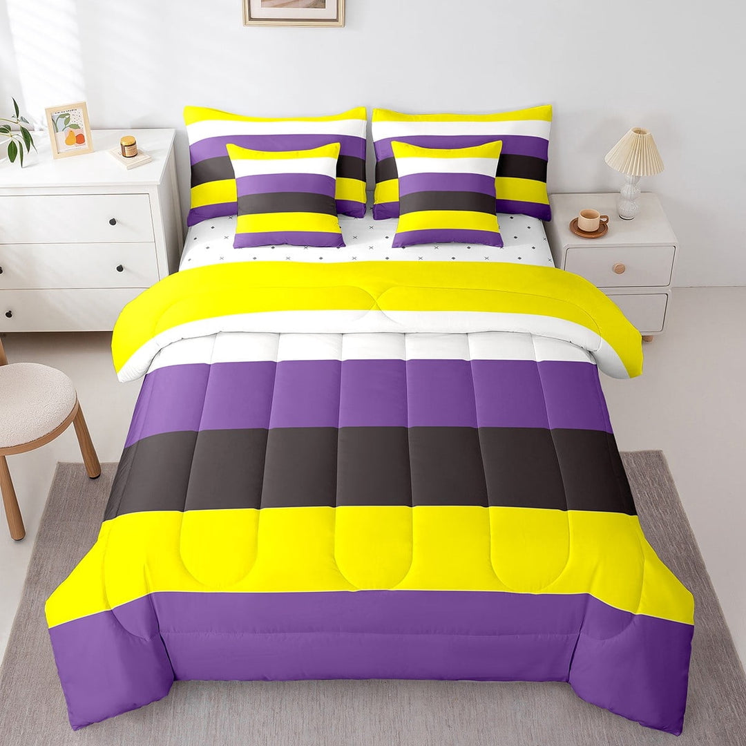Erosebridal Yellow Purple Stripe Bedding King Size, Abstract Stripe Duvet Set, Bedroom Decor, Ultra Soft 7-Piece