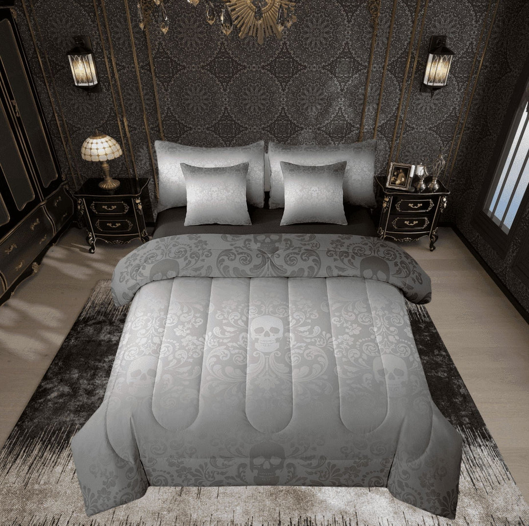 Damask Gothic Bedding Set Adults Antique Victorian Bed in a Bag Queen Comforter Set 7 Piece,Dark Grey Sugar Skull Sheet Set Vintage Baroque Floral Goth Bed Set,Exotic Bone Skeleton Bohemian Decor