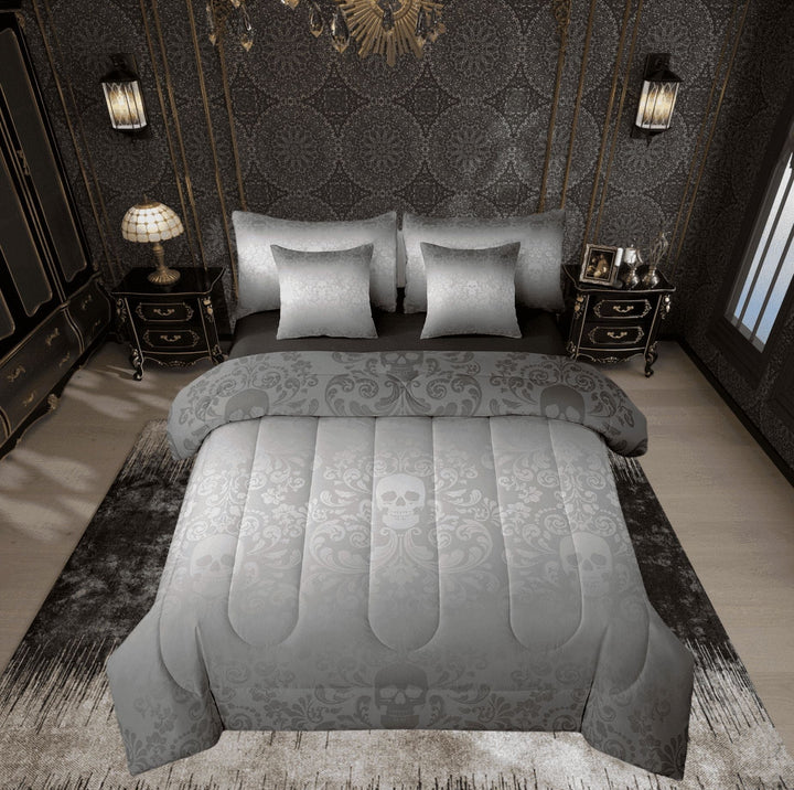 Damask Gothic Bedding Set Adults Antique Victorian Bed in a Bag Queen Comforter Set 7 Piece,Dark Grey Sugar Skull Sheet Set Vintage Baroque Floral Goth Bed Set,Exotic Bone Skeleton Bohemian Decor