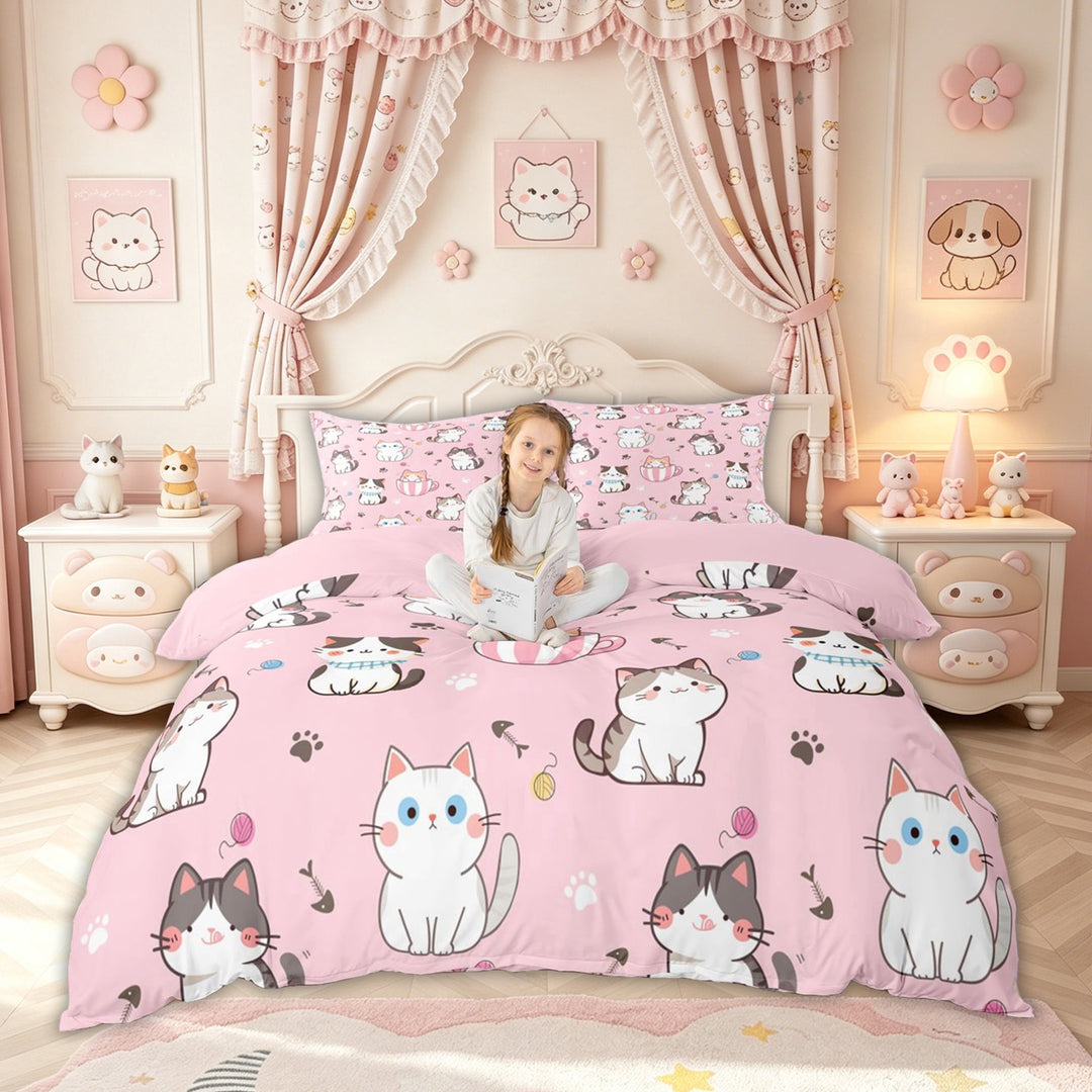 meiyoeat Pink Kawaii Cat Bedding for Kids Girls, Cute Kitten Animal Duvet Cover Full, Pink Reversible, 3pcs