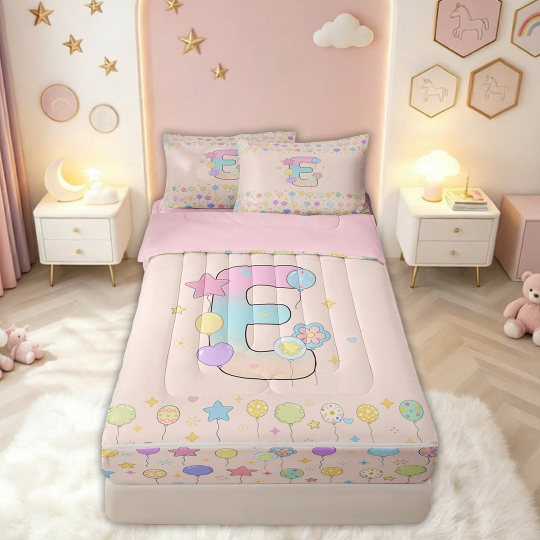 meiyoeat Pastel Balloon Letter E Print Zipper Comforter Set with Fitted Sheet and 2 Pillowcases for Boys Girls, Birthday Party Zipper Bedding Set, Pink Reversible, 3 Pieces