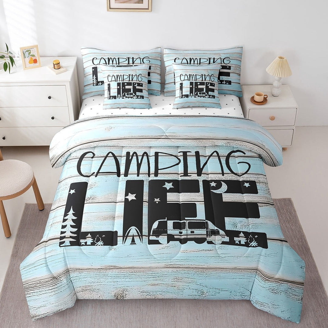 Erosebridal RV Car Bedding Sets Twin Size,Black Blue Comforter Sets with Sheets,Happy Camping Bed in a Bag Twin size,Breathable Lodge Room Decor,Reversible,7pcs