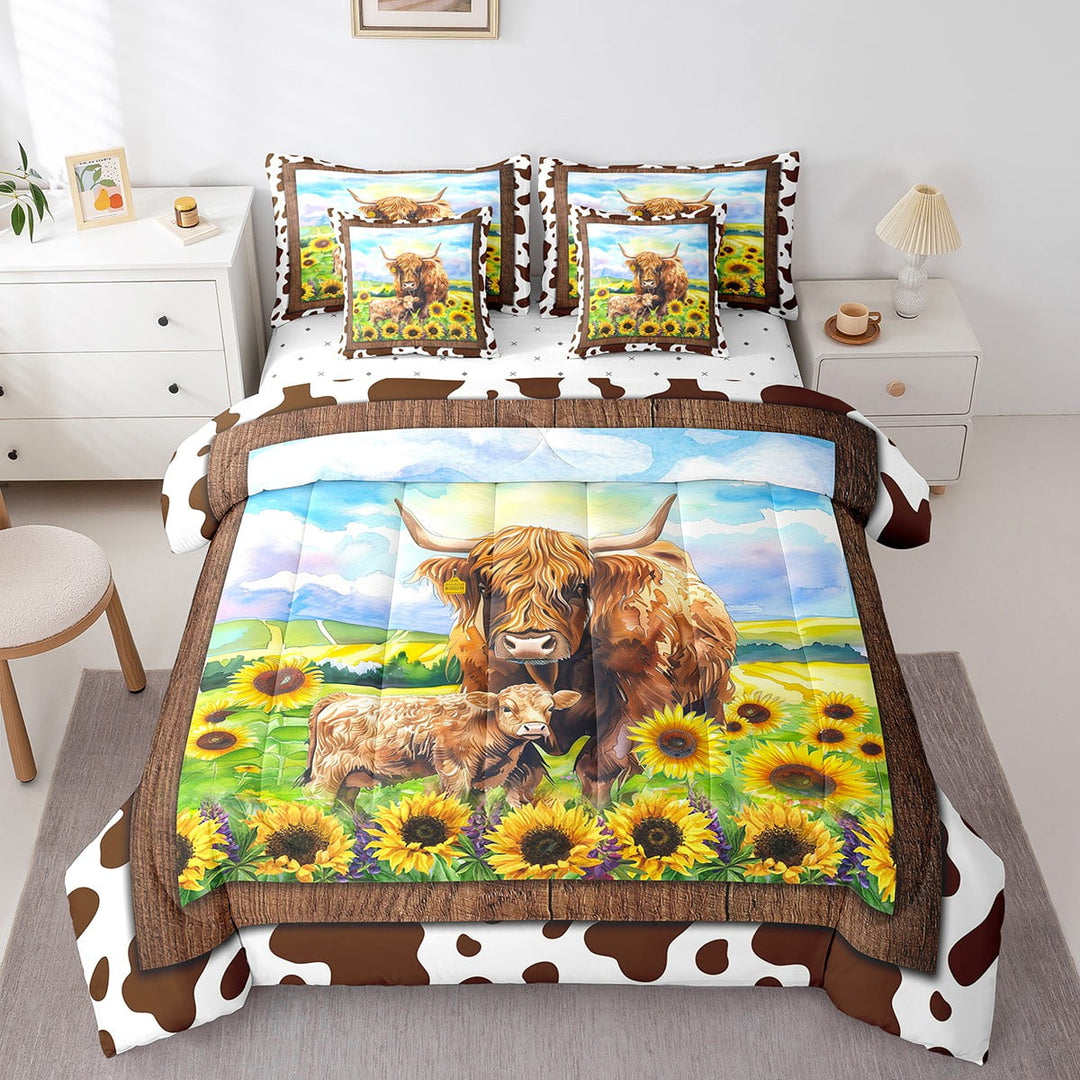 Highland Cattle Bull Bedding ComforterSets 7 Pieces Brown Cow Print Bed in a Bag, Sunflower Floral King Bedding Sets Western Cowboy Cowgirl Comforter Set, Vintage Farmhouse Bedding Sets &amp; Collections
