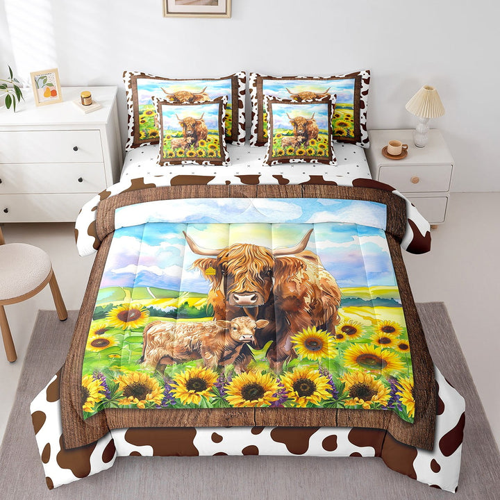 Highland Cattle Bull Bedding ComforterSets 7 Pieces Brown Cow Print Bed in a Bag, Sunflower Floral King Bedding Sets Western Cowboy Cowgirl Comforter Set, Vintage Farmhouse Bedding Sets &amp; Collections